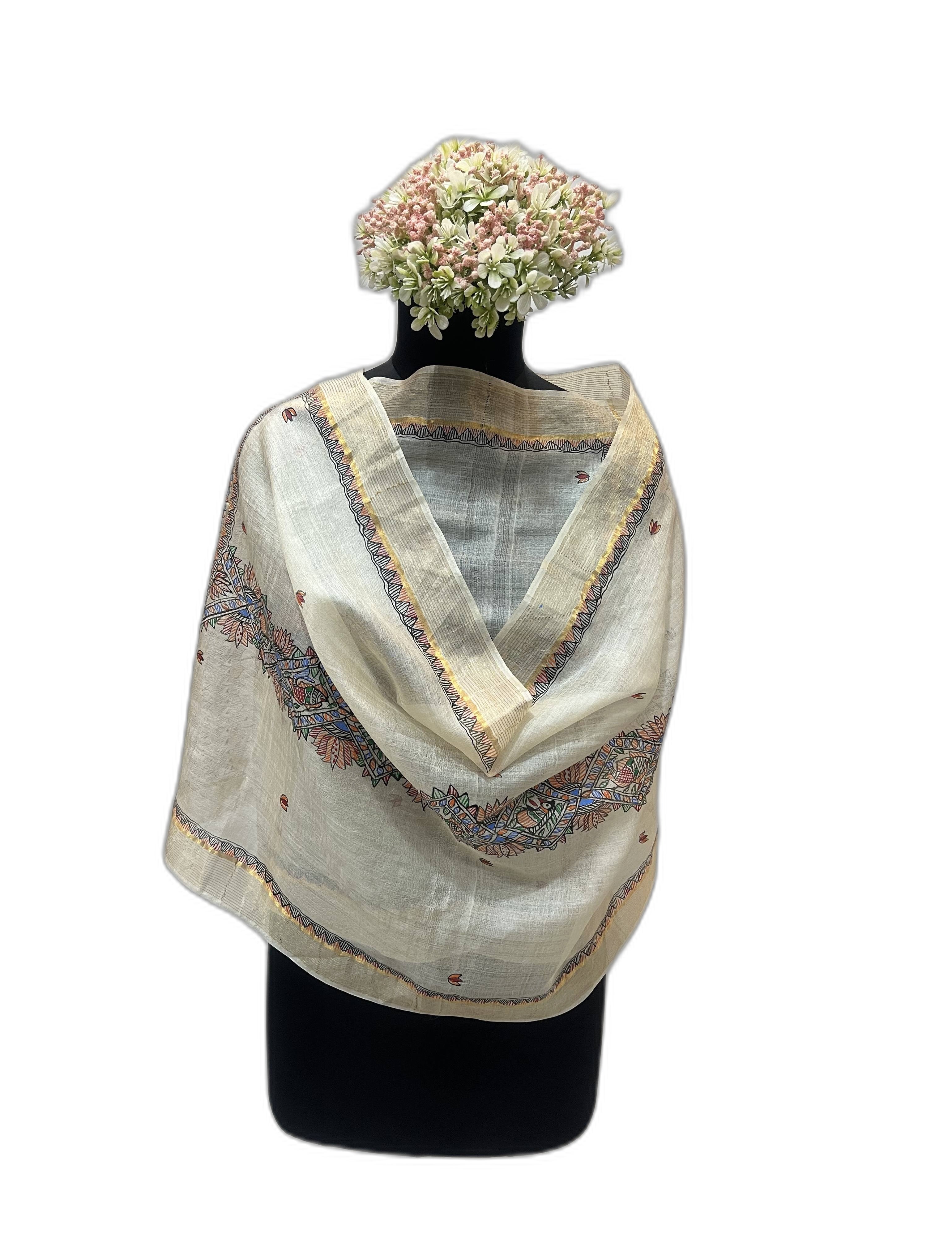 Tussar Silk Stole in Ivory with Zari Border and Handpainted Madhubani Motifs